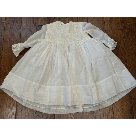 Vintage 80s Polly Flinders Cream Smocked Lace Dress Baby Girl 6T - Picture 1 of 12